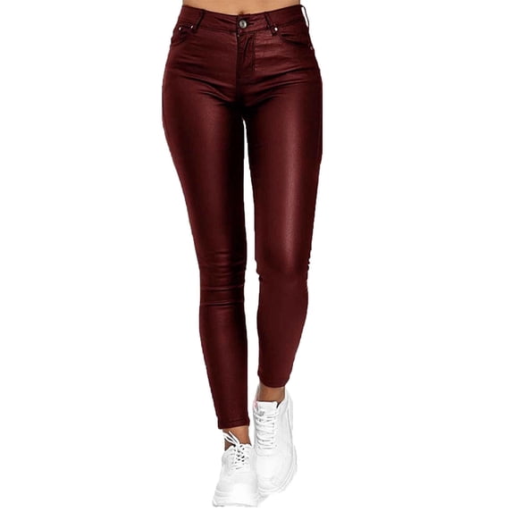TIHLMK Casual Pants Fashion Women Solid Casual Pockets Button High Waist Faux Leather Long Pants Wine