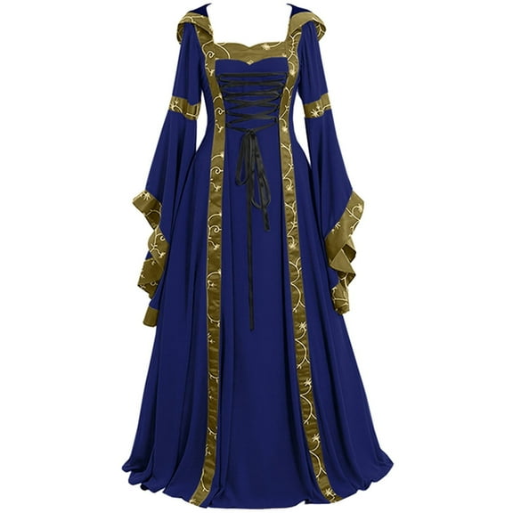 TIHLMK Casual Splicing Blue Gothic Dress Halloween Dress Womens Long Sleeve Dress