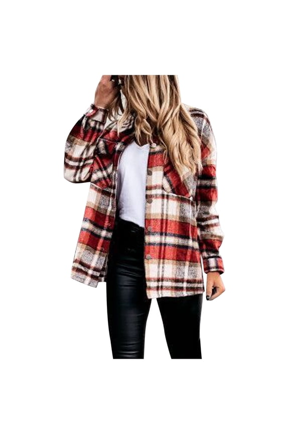 Coat Fashion Women Plaid Printing Cardigan Button Autumn Coat Blouse Outwear Shirts Red