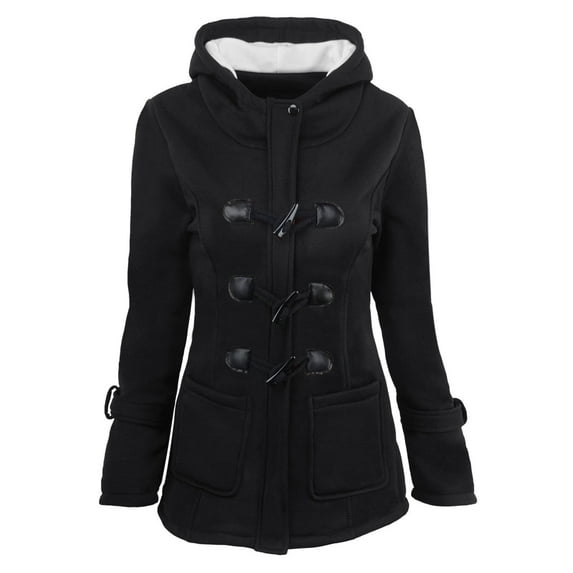 TIHLMK Coat Women Solid Color Horn Buttons Cardigan Padded Hooded Coat Jacket Overcoat Black
