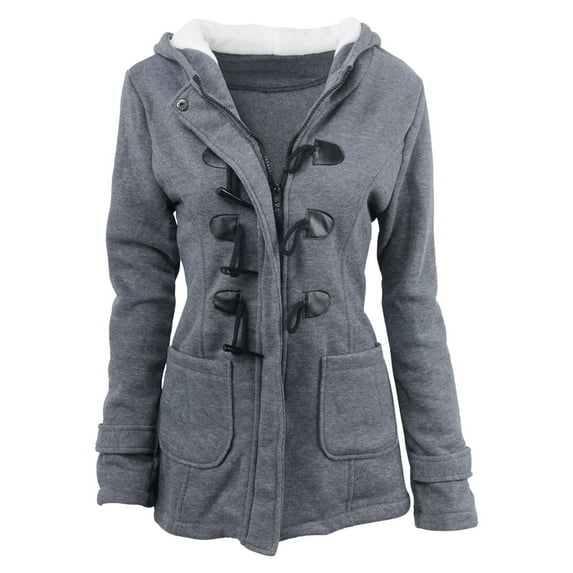 TIHLMK Coat Women Solid Color Horn Buttons Cardigan Padded Hooded Coat Jacket Overcoat Dark Gray