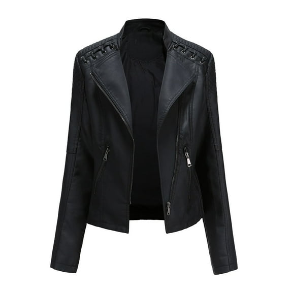 TIHLMK Coat Women's Slim Leather Stand Collar Zip Motorcycle Suit Coat Jacket Tops Black