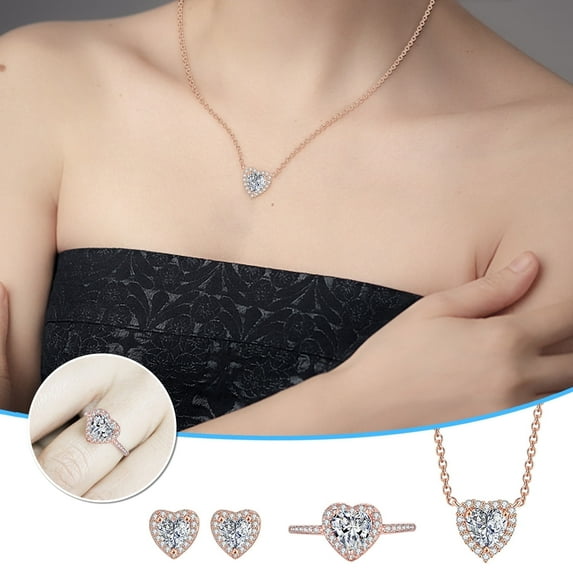 TIHLMK Crystal Necklace for Women Ladies Love Eternal Crystal Clavicle Heart Pendant Gemstone Necklace Suit
