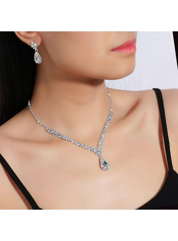 TIHLMK Deals Clearance Initial Necklaces for Women Exquisite Rhinestone Chain Necklace Set Diamond Necklace and Earrings Two-piece Wedding Bridal Jewelry Set