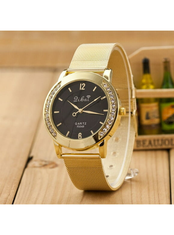 TIHLMK Deals Clearance Watches for Women Fashion Women Crystal Golden Stainless Steel Analog Quartz Wrist Watch