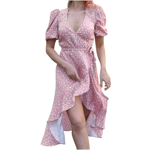 TIHLMK Dress Women's Summer Fashion Casual V Neck Printing Ruffles Short Sleeve Lacing Dress(Belt Included)