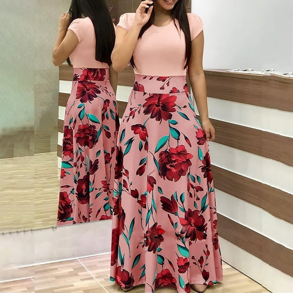 TIHLMK Dresses for Women Party Fashion Women Short Sleeve Floral Boho Printing Long Dress Ladies Casual Dress