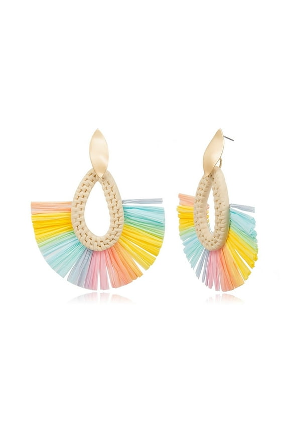 Earring for Women Bohemian Rattan Handmade Raffia Geometric Round Earrings Ladies Jewelry