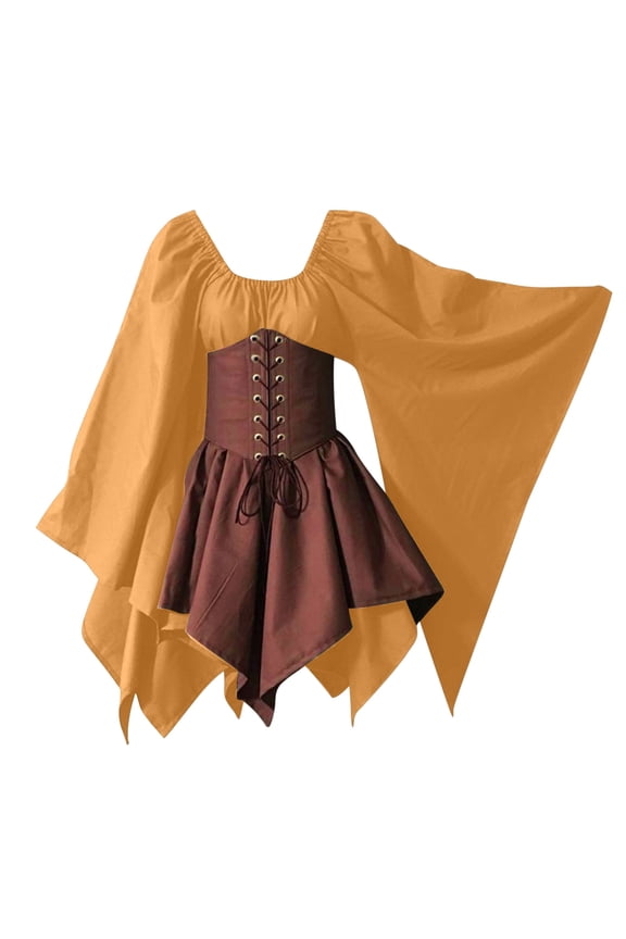 Halloween for Women Gothic Retro Long Sleeve Corset Dresses Long Sleeve Round-Neck Mid-Calf Dress