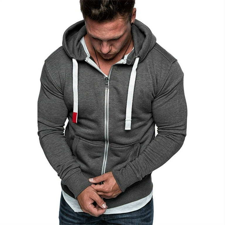 TIHLMK Hoodies for Men Summer Savings Clearance Mens Pure Color Zipper Pullover Long Sleeve Hooded Sweatshirt Tops Blouse