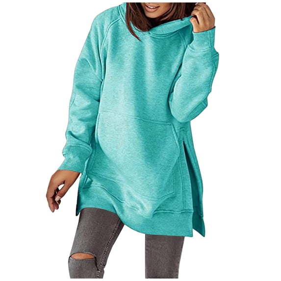 TIHLMK Hoodies for Women Women Casual Long Sleeve Loose Solid Pocket Round Neck Medium And Long Tops Hoodies Sweatshirts Women Blouse Gifts for Women