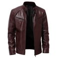thumbnail image 1 of TIHLMK Jackets for Men Vintage Stand Collar Men's Leather Plus Fleece Jacket, Motorcycle Jacket, Warm Leather Jacket Red, 1 of 7