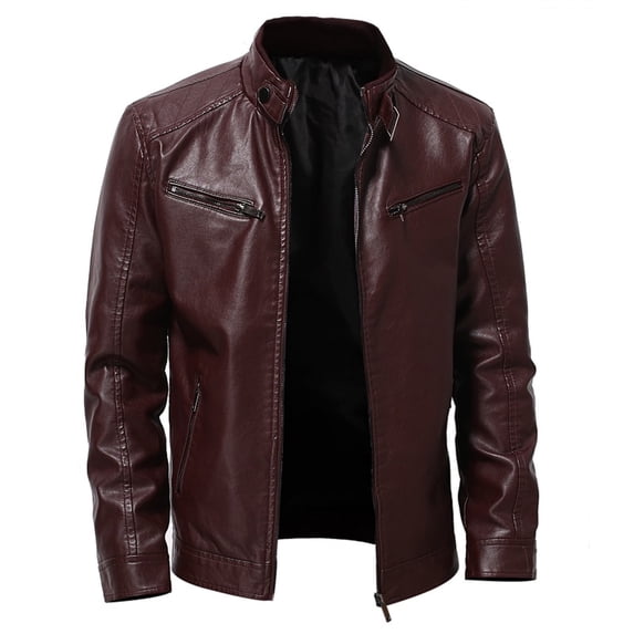 TIHLMK Jackets for Men Vintage Stand Collar Men's Leather Plus Fleece Jacket, Motorcycle Jacket, Warm Leather Jacket Red