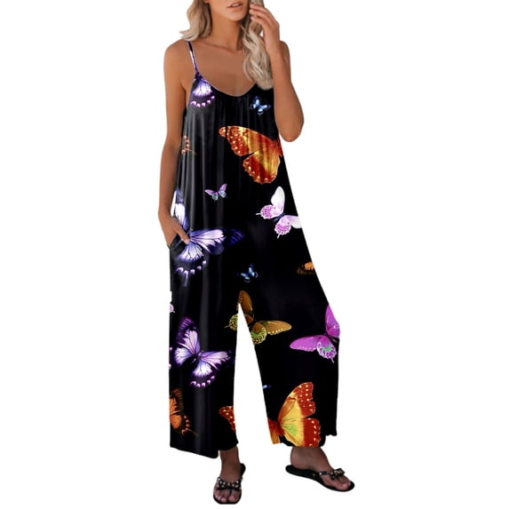 TIHLMK Jumpsuit for Women Women's Casual Jumpsuits Summer Sleeveless Printed Loose Jumpsuit Wide Leg Pant Romper With Pocket Gifts for Women