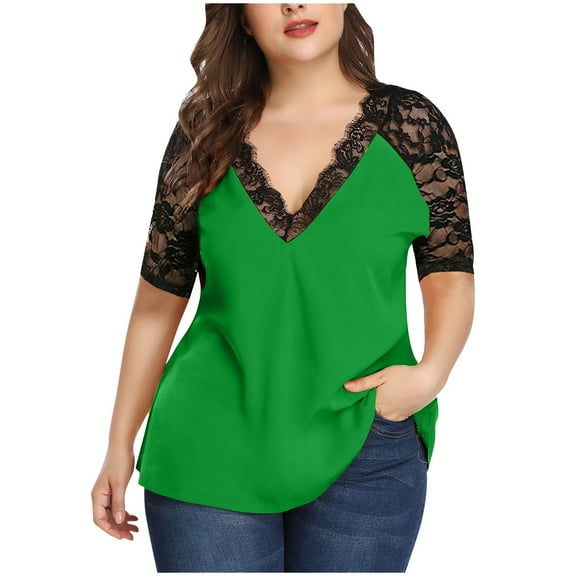 TIHLMK Ladies Tops and Blouses Plus Size Womens Casual Half Sleeve Solid Lace V-Neck Splicing T-shirt Net Yarn Tops Green