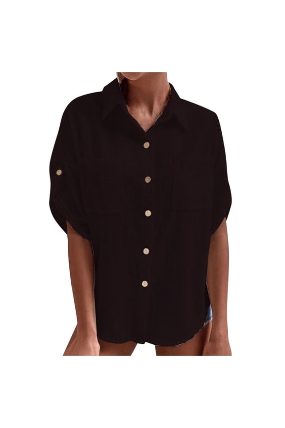 Light Weight Button Down Shirts Womens Button Down Shirt with Pockets Short Sleeve Turndown Collar Solid Summer Top Blouses Black Shirt