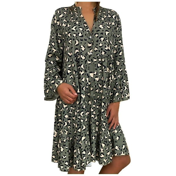 TIHLMK Long Dresses for Women Women's Ladies Casual Plus Size Loose Print Long Sleeve V-Collar Button Mini Dress Gift for Women