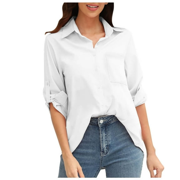 TIHLMK Long Sleeve Blouse Shirt Fashion Women Casual Pockets Solid Turn-Down Neck Cardigan Long Sleeve Loose T-Shirt Autumn Blouse Button Tops White