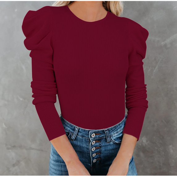 TIHLMK Long Sleeve Blouse Shirt Deals Clearance Women's Casual Fashion Comfortable Solid Color Round-Neck Long Sleeve Tops Blouse Red
