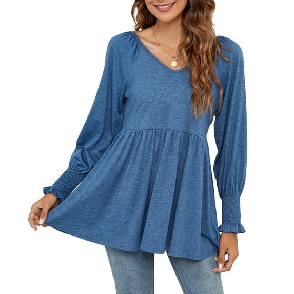 TIHLMK Long Sleeve Blouse Shirt Deals Clearance Women's Fashion Autumn Winter V-Neck Blouse Solid Puff Long Sleeves T-Shirt Tops Light Blue