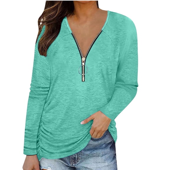 TIHLMK Long Sleeve Blouse Shirt Fashion Woman Long Sleeve V-Neck Solid Zipper Blouse Autumn Causal Pullover Tops Green