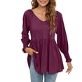 thumbnail image 1 of TIHLMK Long Sleeve Blouse Shirt Women's Fashion Autumn Winter V-Neck Blouse Solid Puff Long Sleeves T-Shirt Tops Wine, 1 of 7