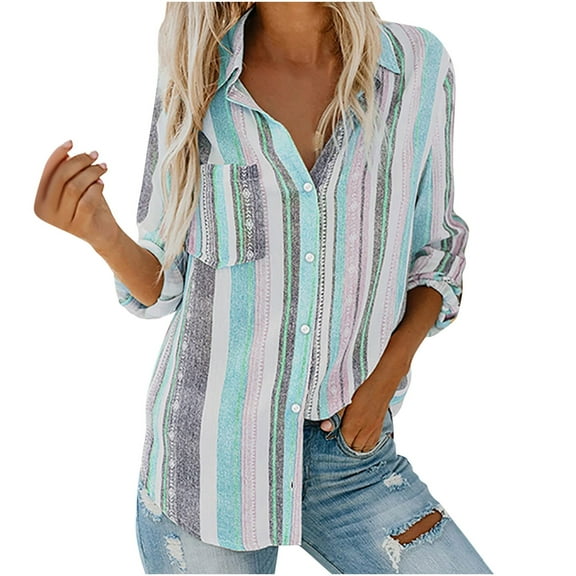 TIHLMK Long Sleeve Blouse Shirt Womens Fashion V Neck Striped Roll Up Sleeve Button Down Blouses Tops With Pocket Loose Shirt Blue
