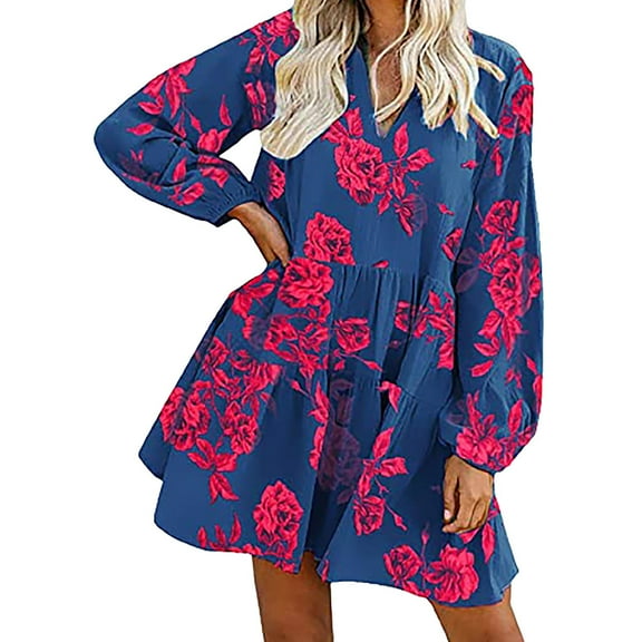 TIHLMK Long Sleeve Dress Women Summer Casual Dress V-Neck Floral PrintLong Sleeve Knee-Length Dress
