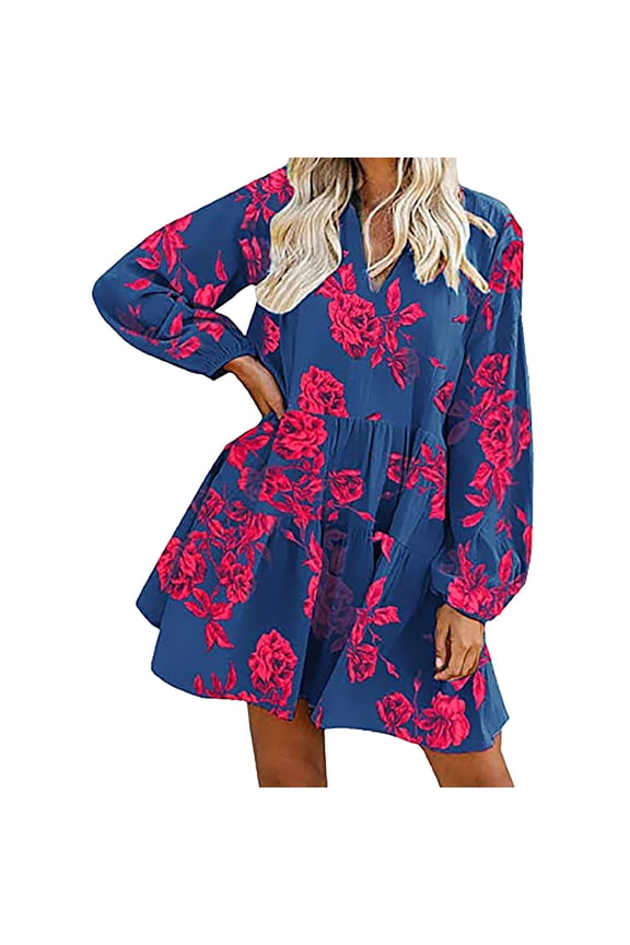 Long Sleeve Dress Women Summer Casual Dress V-Neck Floral PrintLong Sleeve Knee-Length Dress