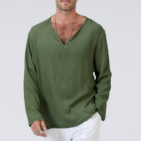 TIHLMK Long Sleeve Tee Shirts for Men Men's Fashion Tops Vintage Solid Color V-Neck Loose Casual Shirts
