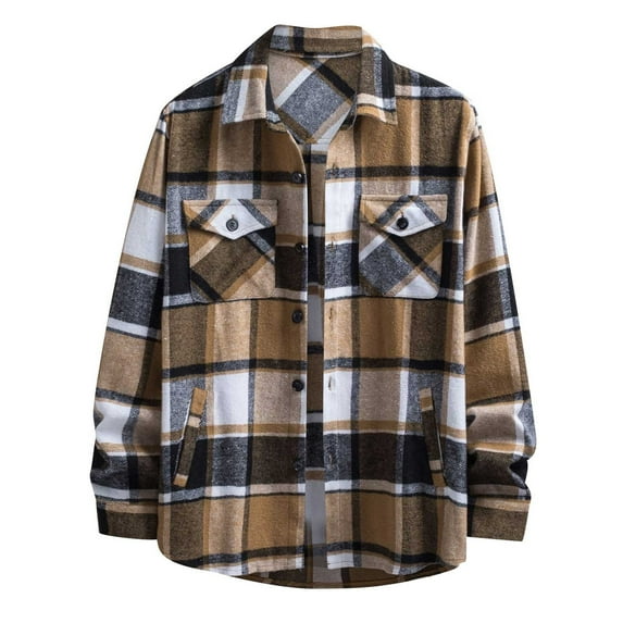 TIHLMK Long Sleeve Tee Shirts for Men Men Casual Turndown Long Sleeve Plaid Long-sleeve Button-down With Pockets Shirt Brown