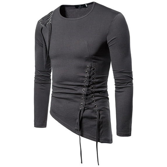 TIHLMK Long Sleeve Tee Shirts for Men Solid Color Slim Irregular Hem Round Neck Long Sleeve Multi-code