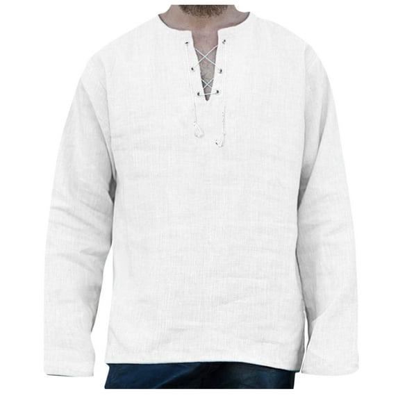 TIHLMK Long Sleeve Tee Shirts for Men Solid Color Wide Loose V-neck Long-sleeved Cotton And Linen T-shirt For Men