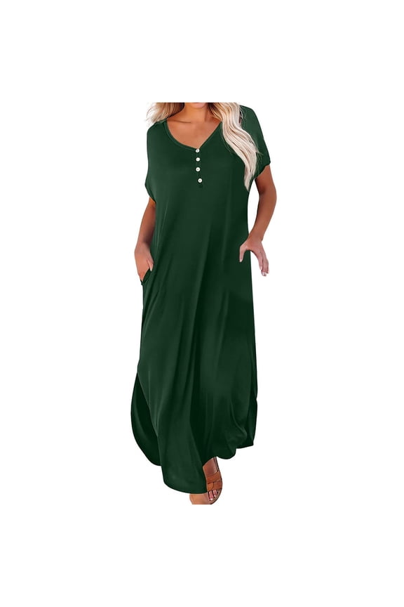 Maxi Dress for Women Beach Vacation Women's Summer Casual V Neck Swing Dress Casual Maxi Beach Dress With Pockets Green Short Sleeve Dress