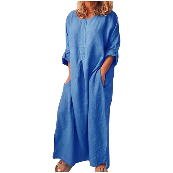TIHLMK Maxi Dress for Women Fashion Women Summer Casual Full Sleeve O-Neck Solid Linen Long Dress