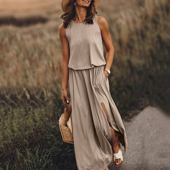 TIHLMK Maxi Dress for Women Fashion Women's Summer Casual Sleeveless O-Neck Solid Fork Opening Dress
