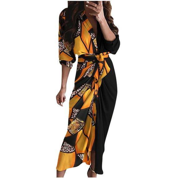 TIHLMK Maxi Dress for Women Women's Summer Casual Long Sleeve Printing Button Fork Opening Dress