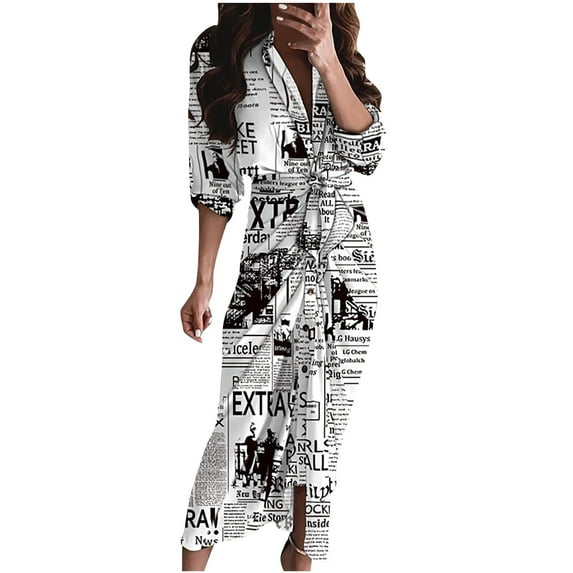 TIHLMK Maxi Dress for Women Women's Summer Casual Long Sleeve Printing Button Fork Opening Dress