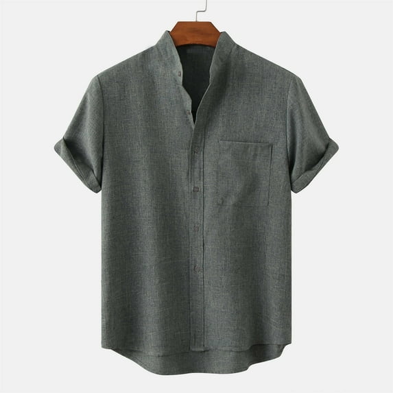 TIHLMK Mens Blouses & Button-down Shirts, Mens Tops Men's Round Neck Pocket Button Solid Cotton Linen Short Sleeve Shirt