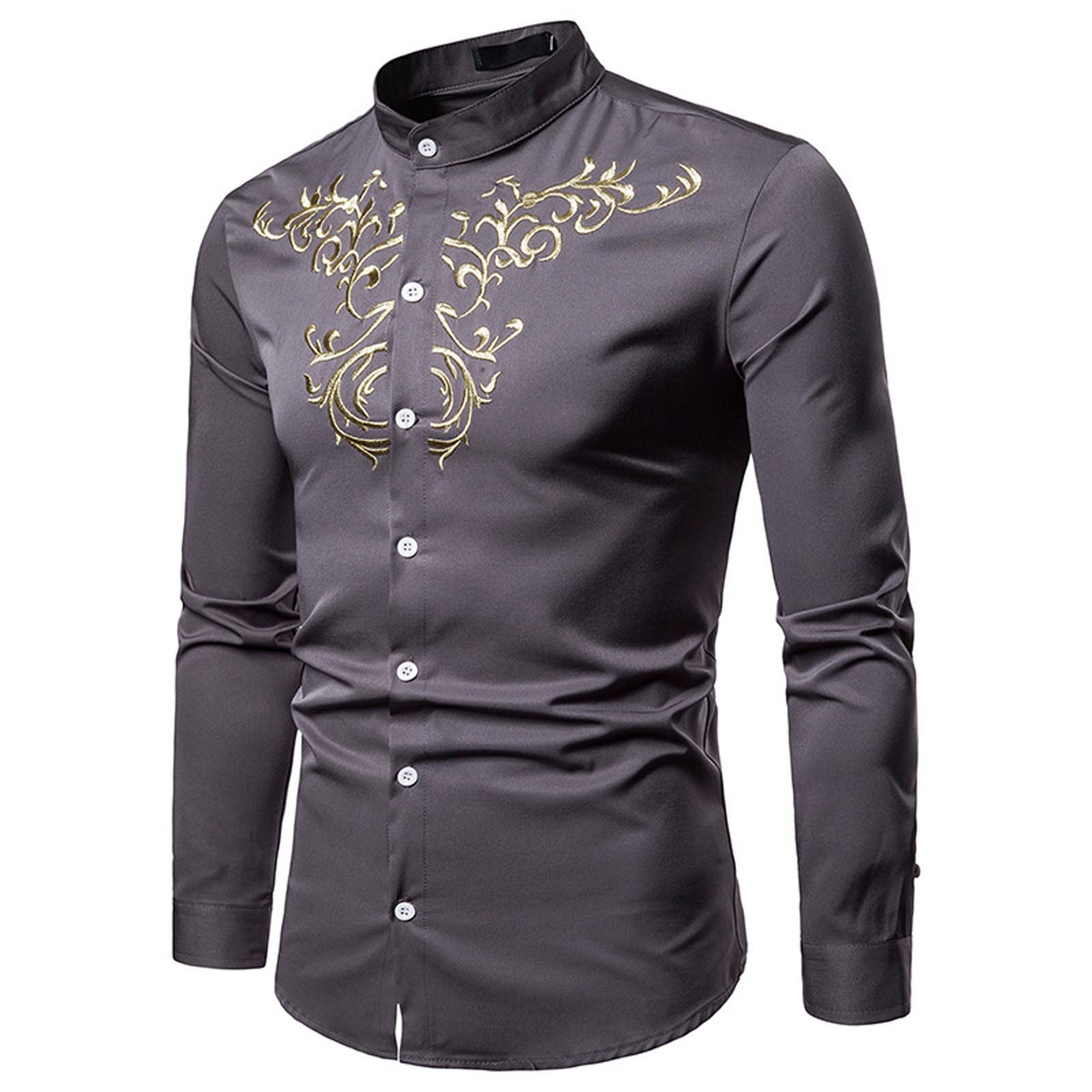 TIHLMK Mens Long Sleeve T Shirts Men Casual Floral Embroidery Slim Fit ...