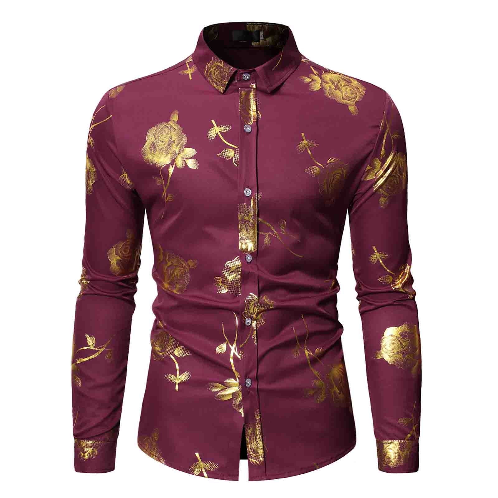ZEROYAA Men's Shiny Gold 3D Rose Print Party Dress Shirt - Slim Fit Button Down (Black Purple, Small) - View #6