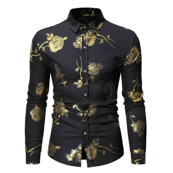 TIHLMK Mens Long Sleeve T Shirts Men Nightclub Shiny Golden 3D Rose Printed Slim Fit Button Down Party Dress Shirt