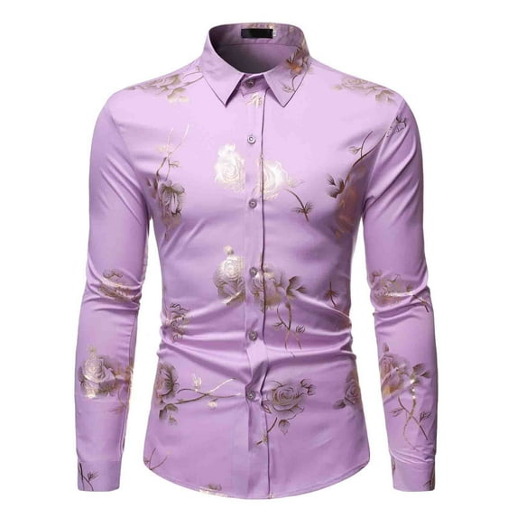 TIHLMK Mens Long Sleeve T Shirts Men Nightclub Shiny Golden 3D Rose Printed Slim Fit Button Down Party Dress Shirt