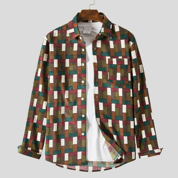 TIHLMK Mens Long Sleeve T Shirts Men Splicing Striped Corduroy Leisure Retro Long-sleeved Shirt Top Blouse