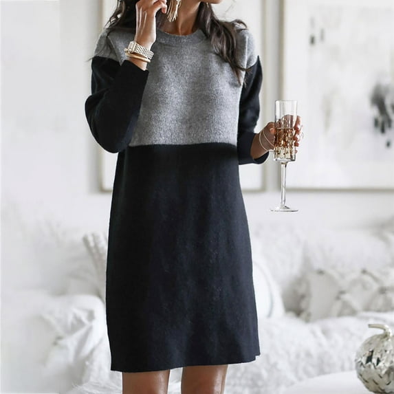 WFJCJPAF Fashion Women Summer Casual Loose Full Sleeve O-Neck Solid Splicing Patchwork Dress