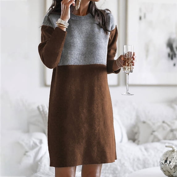 WFJCJPAF Fashion Women Summer Casual Loose Full Sleeve O-Neck Solid Splicing Patchwork Dress