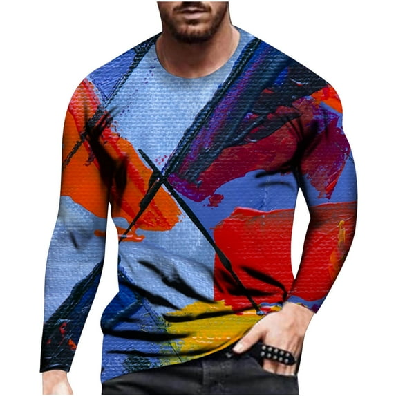 TIHLMK Mens Long Sleeve T Shirts Summer Men's Loose Round Neck 3d Printing Long-sleeved T-shirt Top