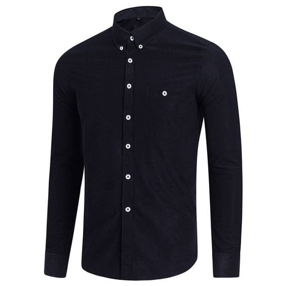 TIHLMK Mens Long Sleeve Tshirts Corduroy Casual Lapel Button Button Chest Pocket Solid Color Long-sleeved Men's Shirt