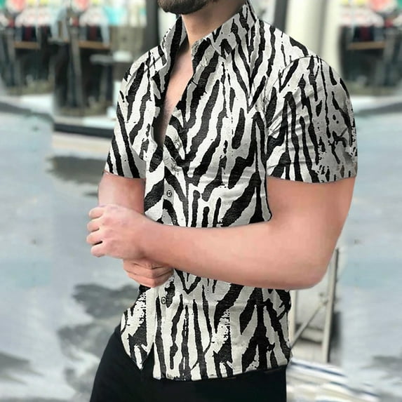 TIHLMK Mens Short Sleeve Shirts Button Down Tops Men Hawaiian Short Sleeve Beach Stand-up Collar Shirt Printed Summer Casual Button Down Shirts