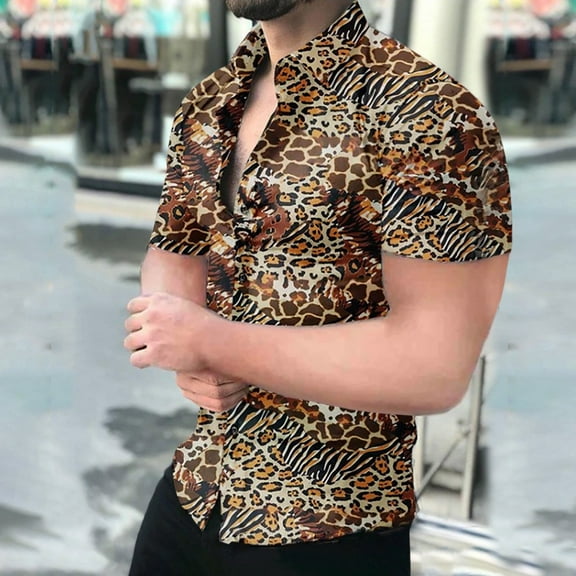 TIHLMK Mens Short Sleeve Shirts Button Down Tops Men Hawaiian Short Sleeve Beach Stand-up Collar Shirt Printed Summer Casual Button Down Shirts